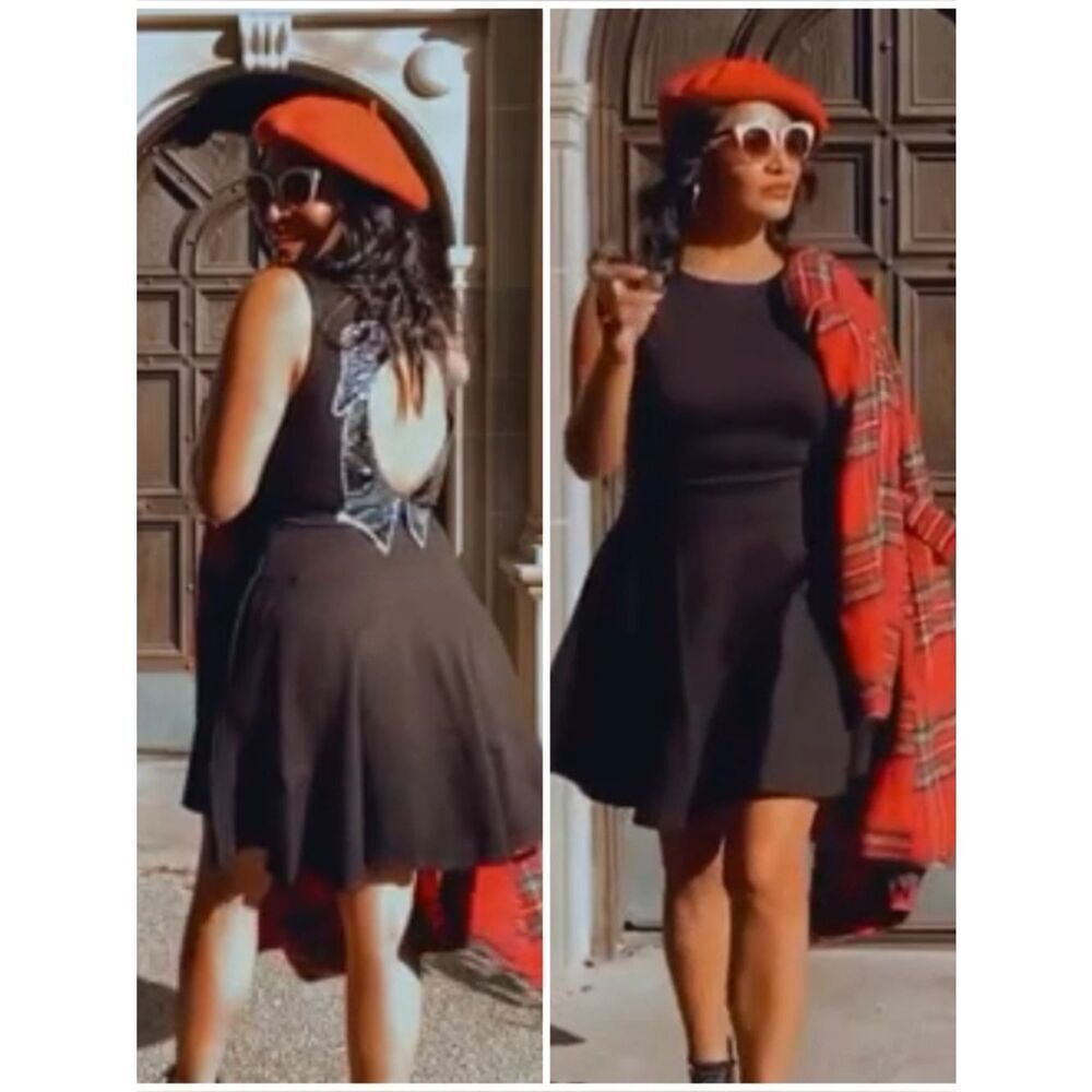 ModCloth Black Bow Affair Fit And Flare Dress Sleeveless Scuba Mini M NWT